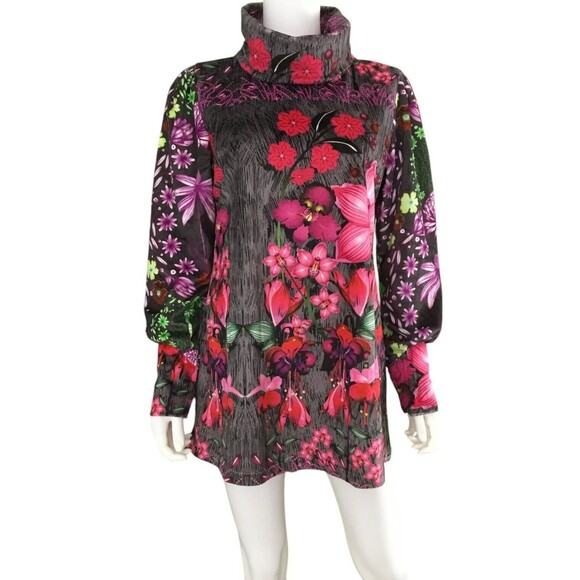 Custo Barcelona Dress sz 4 Velvet Velour Turtleneck Puff Long Sleeve Floral Y2K - Picture 1 of 16